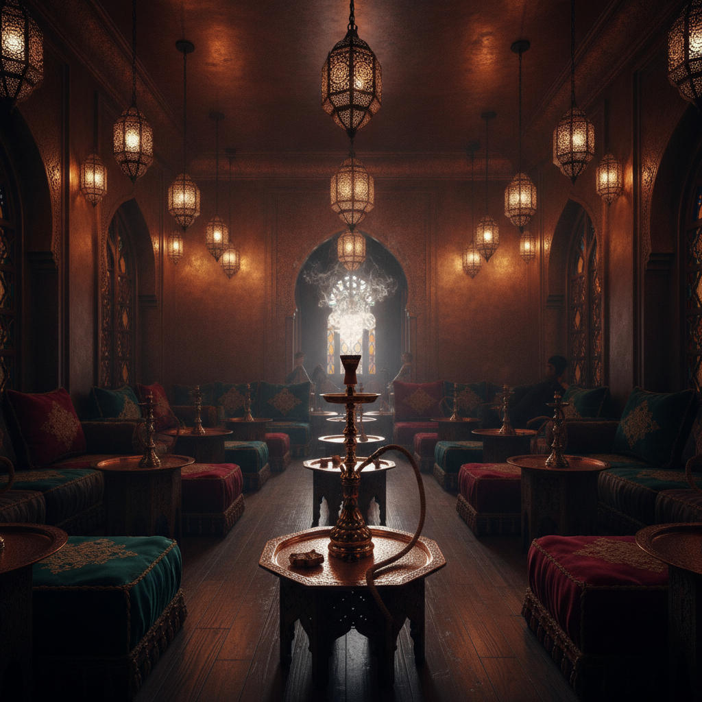 Tangiers Lounge — oryantal, loş ışıklı nargile lounge atmosferi